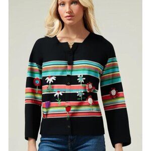 Sharon Young Vintage Striped Embroidered Floral Button Front Cardigan Women's L